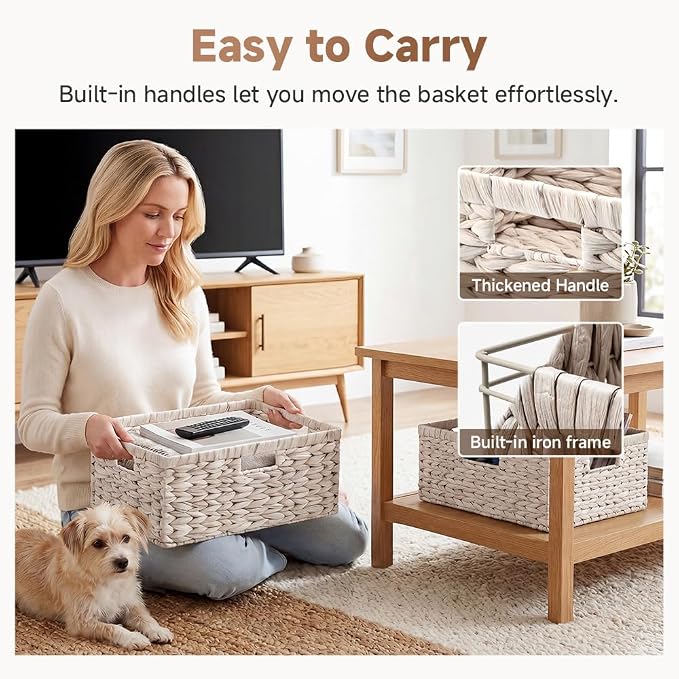 StorageWorks Extra Large Wicker Baskets for Storage, Water Hyacinth Storage Baskets for Shelves, Decorative Basket, White, 16½" x 13" x 7½", 1-Pack