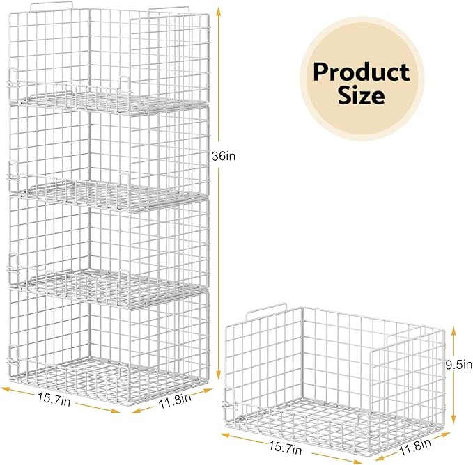 4-Tier Stackable Closet Organizers and Storage Basket - Foldable Closet Shelf Organizer System, Sturdy Metal Space-Saving Clothes Storage Bins for Wardrobe, White