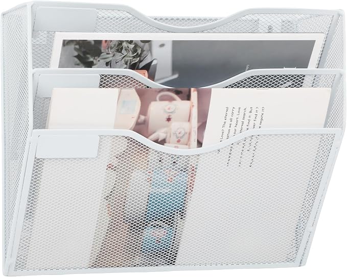 EASEPRES 3 Pocket Mesh Hanging Wall File Organizer, Wall Mounted Mail Paper Document Folder Holder, Clipboard Storage Organization Magazine Rack with Nametag Label for Office Home School, White