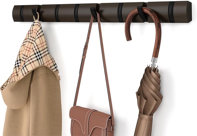 Umbra Flip Coat Rack, Wall Mount 8-Hook, Space Saving, Walnut/Black | Real wood and steel build, retractable hooks fold flat, holds coats bags and scarves, easy install