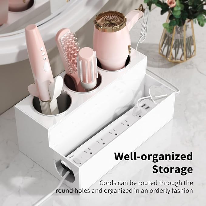 NIUBEE Acrylic Hair Tool Organizer,Hair Dryer Holder Countertop with 3 Cups | White, Hot Tools Organizer, Hair Blow Dryer Organizer for Curling Iron, Brush, Straightener, Makeup,Skincare,Vanity, Bathroom