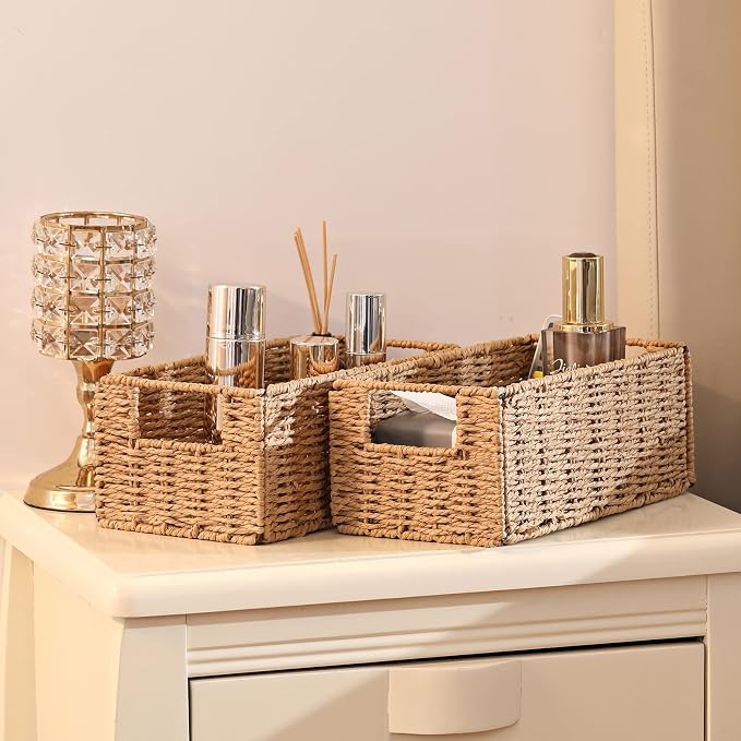 Vagusicc Wicker Storage Basket, Set of 2 Hand-Woven Paper Rope Wicker Basket, Small Storage Baskets for Organizing Toilet Paper, Foldable Large Cube Storage Organizer Bins for Shelves (Natural)