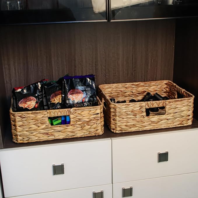 Rectangular Water Hyacinth Storage Baskets, Wicker Woven Shelves Baskets | Three-sided handle design,Handwoven from natural water hyacinth, For the living room, bedroom, storage room, and vanity