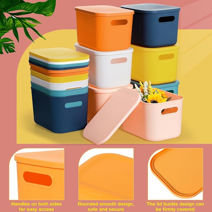 Thyle 12 Pack Classic Colorful Plastic Storage Bins with Lids, Back to School Stackable Storage Container with Handle Label for Organizing Toy Craft for Classroom Shelf Bedroom Office 10 x 7 x 6 Inch