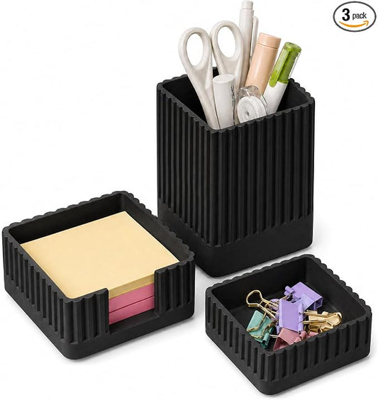 Desk Organizer Set of 3 for Office Accessories - Includes Pen Holder, Paperclip Storage, and Sticky Note Holder - Aesthetic Concrete Desktop Accessories for Women or Men, Office Decor (Black)