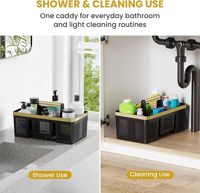 BYUNER Portable Cleaning & Shower Caddy with Handle: Rigid Plastic Basket with 4 Divided Compartments, All-Side Drainage for College Dorm, Bathroom & Utility Use, Black/Gold