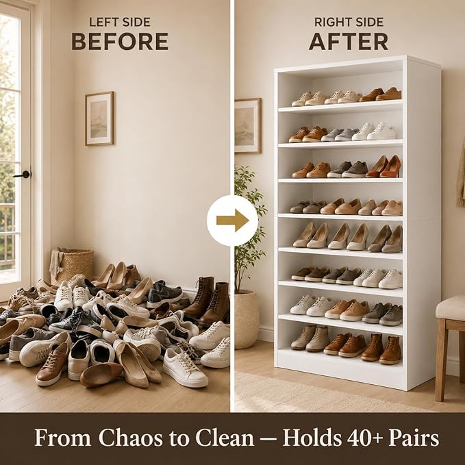 Tall Shoe Rack Cabinet for Closet & Entryway, 2 Pack, White | Wooden Narrow Shoe Organizer Cabinet with Adjustable Shelves, Freestanding, for Bedroom, Hallway