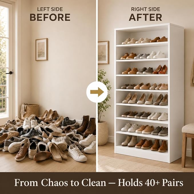 9-Tier Tall Shoe Rack Cabinet for Closet & Entryway, White | Wooden Narrow Shoe Organizer Cabinet with Adjustable Shelves, Freestanding, for Bedroom, Hallway