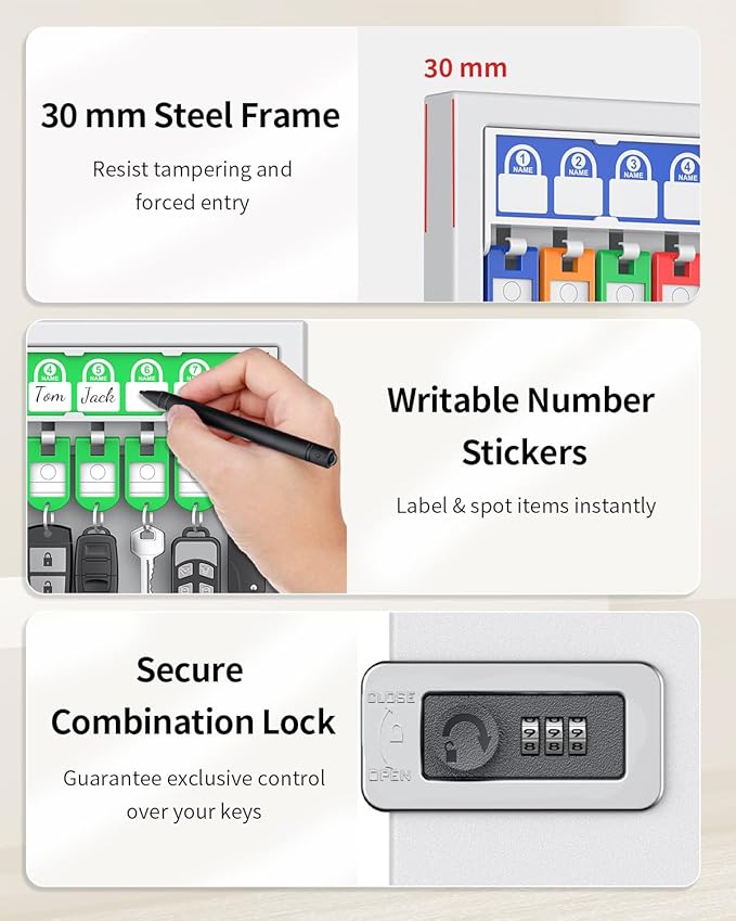 Uniclife Key Lock Box, Wall Mount Key Box, Car Key Organizer with Writable Key Racks and Tags, 32-Key Combo Lock, White, Security Key Holder Storage Box for Office, Company