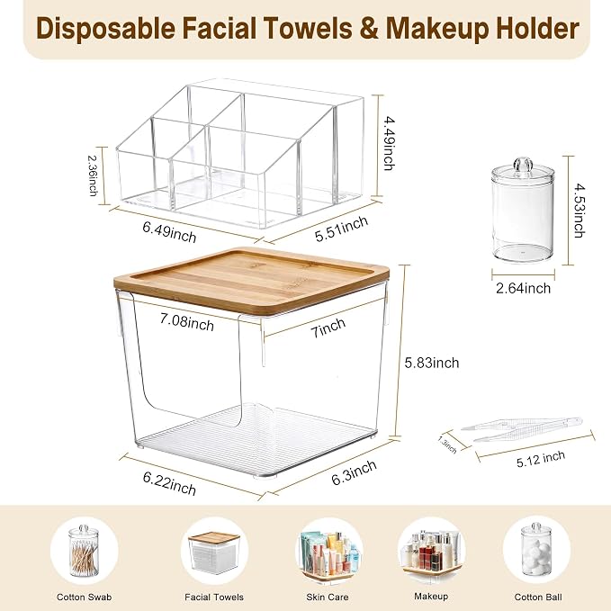 2 Tier Disposable Facial Towel Holder with 2 Q-tip Holders & Clip | 2-in-1 Facial Towels Storage and Cosmetic Organizer with Banboo Lid,Skincare Organizer for Vanity, Bathroom Countertop,Dorm