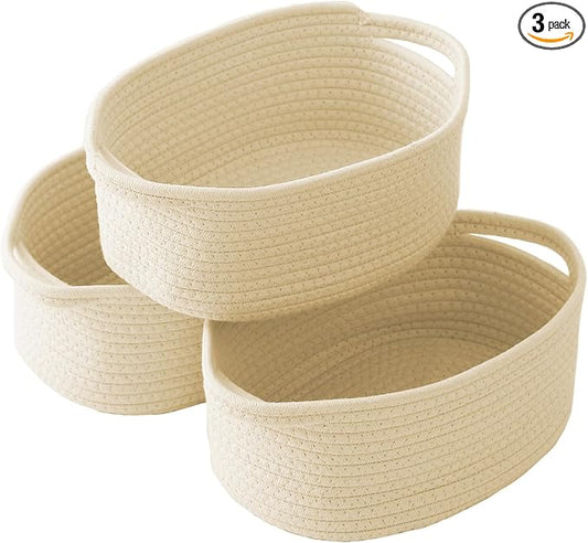 JMvicyroam Small Woven Basket, Empty Gift Basket, Beige/3 Pack | Small Gift Basket, Cotton Rope, 12 x 8 x 11 in, Handles, Includes Ribbon and Bag, Birthday Gift Basket