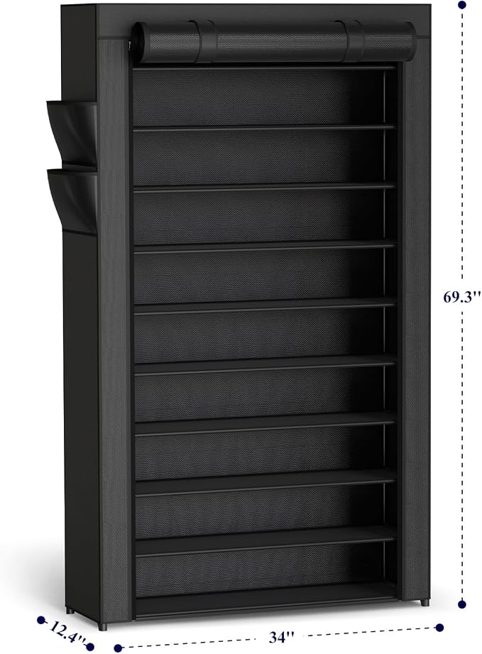 Kitsure 10-Tier Shoe Rack with Cover, Vertical Shelf, 33.6" Wide, Black | Space Saving Shoe Storage with Side Pocket, Shoe Organizer for Closet, Entryway, Bedroom, Zapateras Organizer