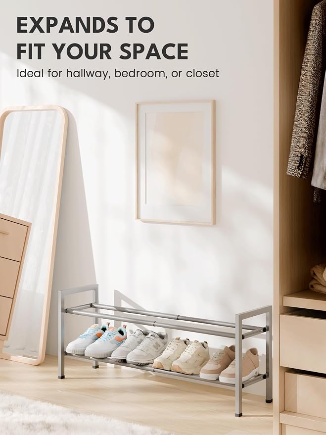 Bumusty 2 Tier Expandable Shoe Rack for Closet, Light Grey | 18"-33" Adjustable Shoe Rack for Entryway, Small Shoe Organizer for Dorm, Front Door, Sturdy Metal