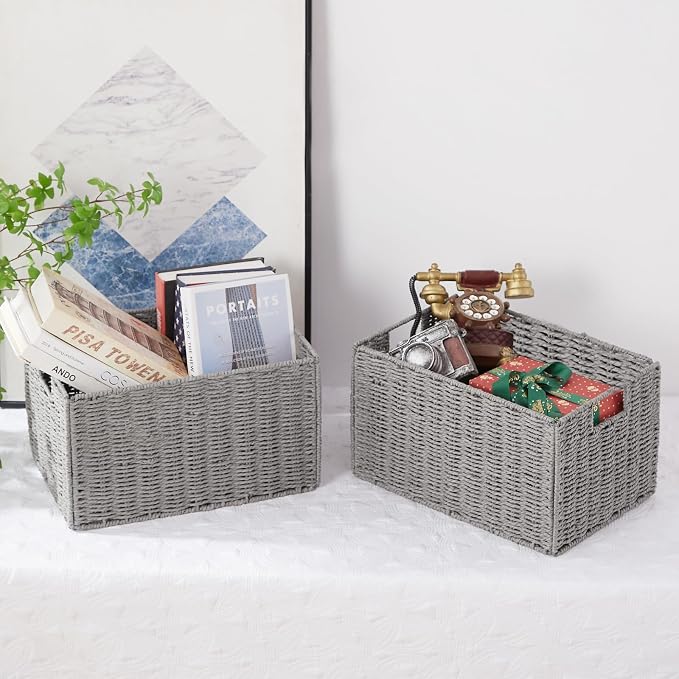 Vagusicc Wicker Storage Basket, Set of 2 Hand-Woven Paper Rope Wicker Basket, Small Storage Baskets for Organizing Toilet Paper Basket, Foldable Large Cube Storage Organizer Bins for Shelves (Grey)