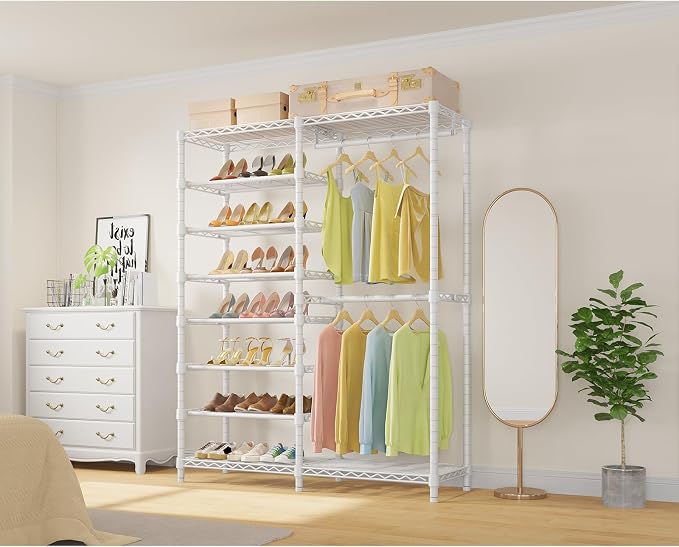 VIPEK S2 8-Tier Shoe Rack with Hanging Rods, Heavy Duty Garment Rack, White | Freestanding Clothing Rack with 2 Hanging Rods, Adjustable Shelves, Heavy Duty Walk-In Closet Organizer for Entryway/Bedroom
