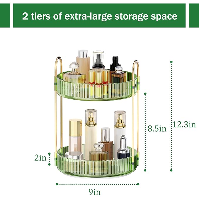 MOKANI 360 Rotating Makeup Organizer for Vanity, 2 Tier Perfume Organizer | Adjustable Multi-Function Spinning Cosmetics Skincare Storage for Bedroom, Dresser, Countertop, Green
