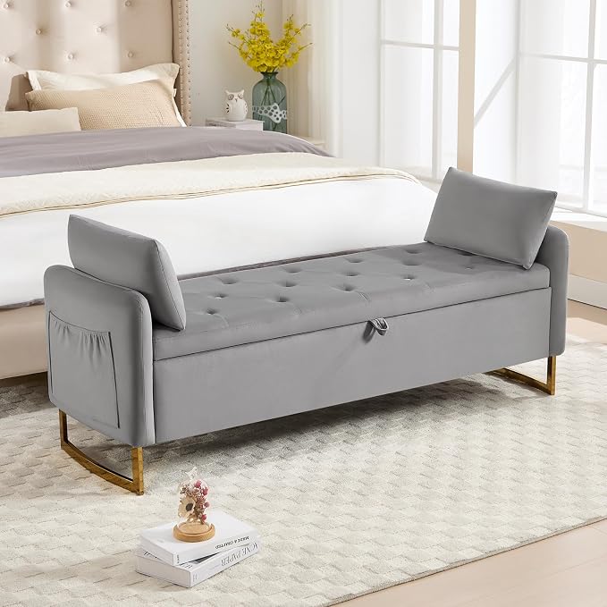 65" End of Bed Storage Bench, Storage Bench for Bedroom with Tufted Button Upholstered and Gold Legs, Ottoman Bedroom Benches with Armrests for Living Room Window, Light Grey