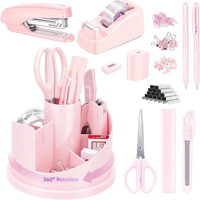 deli Office Supplies Set, Desk Accessory Organizer Kit, Pink | Stationary Set, Desk Supplies with Rotating Multi-Functional Pen Holder &Stapler Set for Office, School, Home