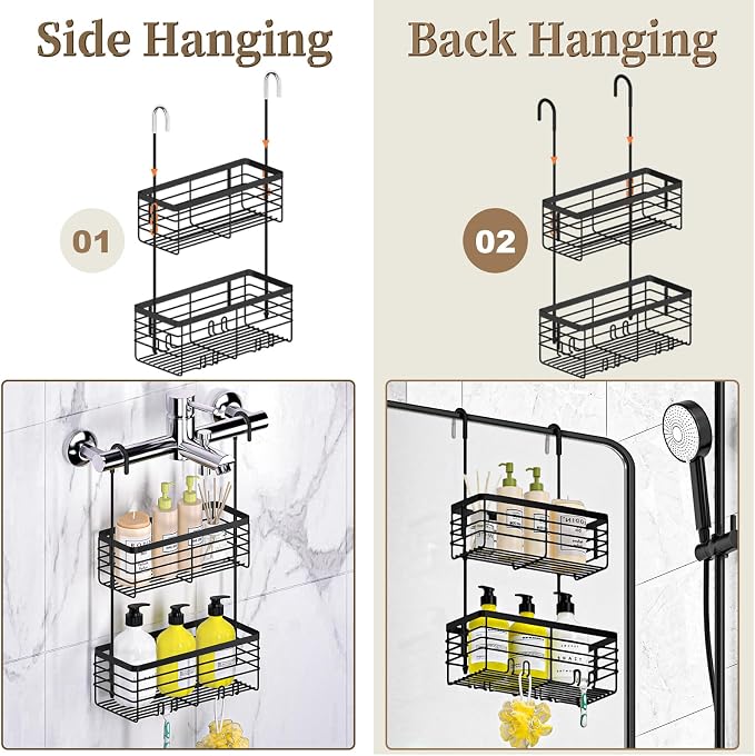 DELLAN 2-Tier Shower Hanging Caddy, Shower Rack with Hooks, Black | Over the Door Stainless Steel Hanging Orangizer and Basket