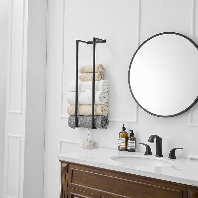 BWE Matte Black Towel Racks for Bathroom 28" Towel Holder for Rolled Towels | Stainless Steel Wall Mounted Towel Storage for Bathroom with 2 Hooks, 6 Large Bath Towels Capacity