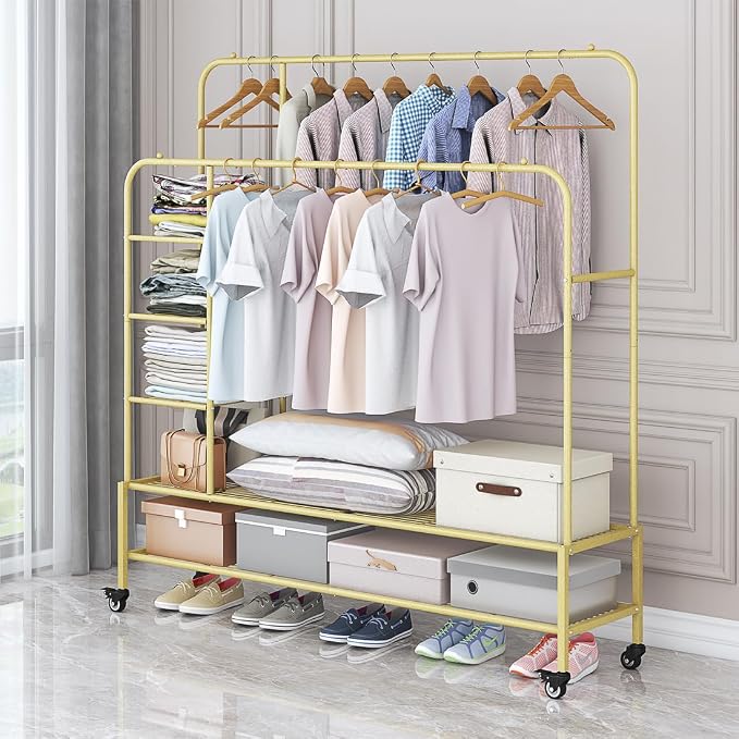 SUOERNUO Clothes Rack with Lockable Wheels Double Rods Metal Garment Racks | Portable Heavy-Duty Clothing Rack with Bottom, Rolling Clothes Shelves for Bedroom Laundry Living Room, Gold