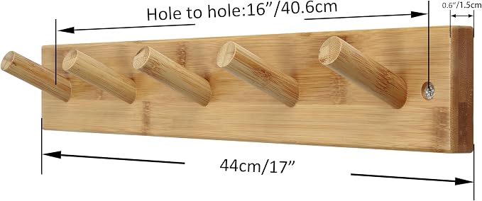 SKOLOO Wooden Wall Mounted Coat Rack,16'' Hole to Hole, 5 Pegs Bamboo Wall Hook for Hanging Clothes Robes Towels Hats,Natural Gold