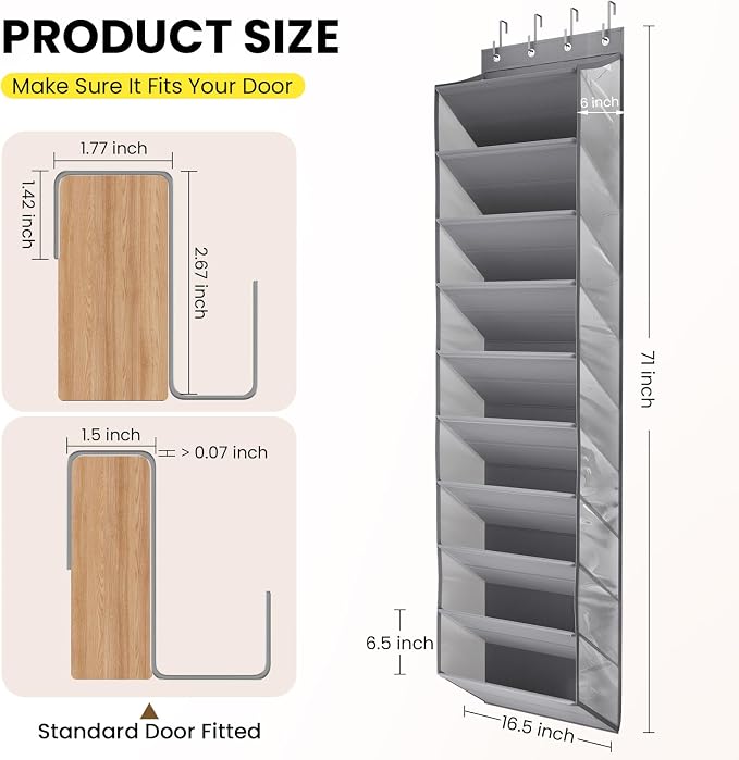 Mefirt 20-25 Pairs Over the Door Shoe Organizer, Clear Pockets Shoe Rack for Closet Door, 10-Tier Hanging Shoe Rack for Boots, Behind the Door Shoe Holder Fit All the Family's Sneakers, Heels, Grey