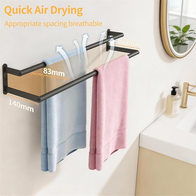 KLJKPA Double Towel Bar, Towel Holder for Bathroom, Black | Towel Rack for Bathroom Wall Mounted, Stainless Steel Double Bath Towel Bar