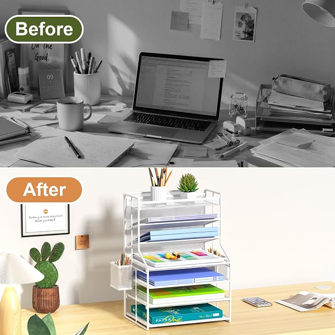 White 7 Tier Desk File Organizer, Metal Letter Tray Paper Organizer with Pull-Out Drawer, Removable Pen Holder & Hanging Basket, Vertical Desktop File Holder for Home Office, Classroom