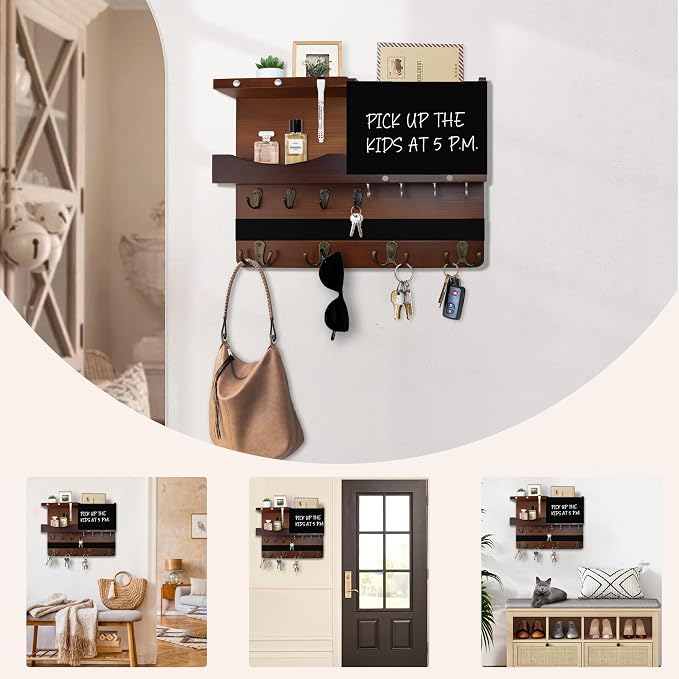 Key Holder for Wall Mount with Shelf and Mail Organizer, Key and Mail Holder with 16 Hooks, Farmhouse Entryway Organizer, Home Decor Rack(Pine Wood, Brown)