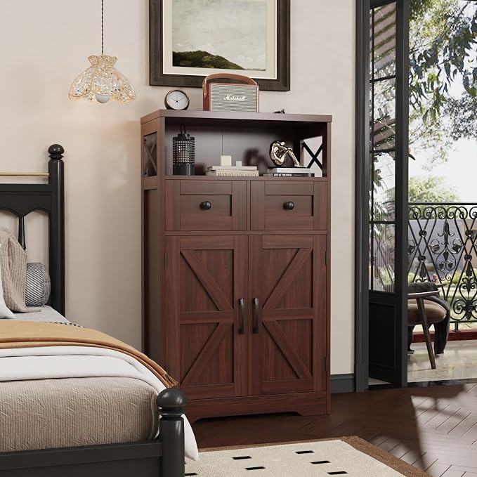 Farmhouse Accent Storage Cabinet with Drawers, Small Kitchen Pantry Cabinet | Coffee Bar Cabinet Cupboard, 2 Storage Drawers, 2 Barn Doors & Adjustable Shelves, for Kitchen/Entryway/Living Room/Bathroom