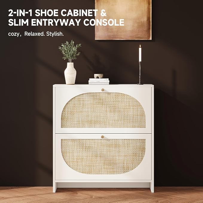 Nicetree Shoe Cabinet Storage for Entryway Slim 9.5" Freestanding Floor Base Shoe Storage Cabinet, 2 Flip Drawers with 3-Position Adjustable Divider, Holds 16-24 Pairs, Cream White
