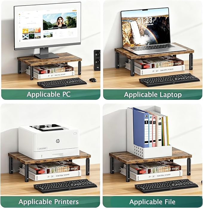 Adjustable Monitor Stand Riser for Desk, Computer & Laptop Stand, Desk Organizers and Accessories, Office Desk Accessories & Workspace Organizer for Home Office, Brown Wood 2-Pack