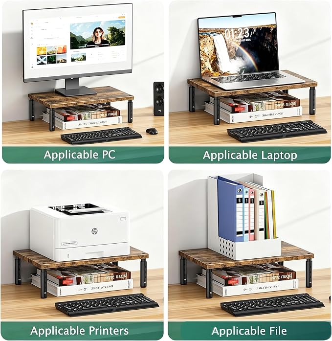 Adjustable Monitor Stand Riser for Desk, Computer & Laptop Stand, Desk Organizers and Accessories, Office Desk Accessories & Workspace Organizer for Home Office, Brown Wood
