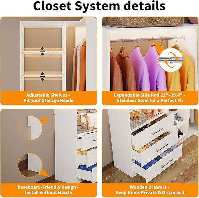 Closet System with 3 Drawers, Corner Closet Organizer Systems with 7 Shelves & 5 Hanging Rods L-Shaped Walk in Closet Freestanding Corner Tower Modular Storage System 2 Sets 1400+ Lbs Capacity White