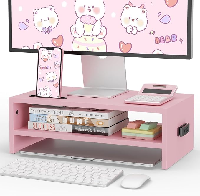 BONTEC Wooden Monitor Stand Riser for Desk, 2-Tier Computer Monitor Stand | 66 lbs Desk Shelf Organizer with Storage, Laptop & Printer Stand with Phone Holder and Cable Management, Pink, 16.5 Inch
