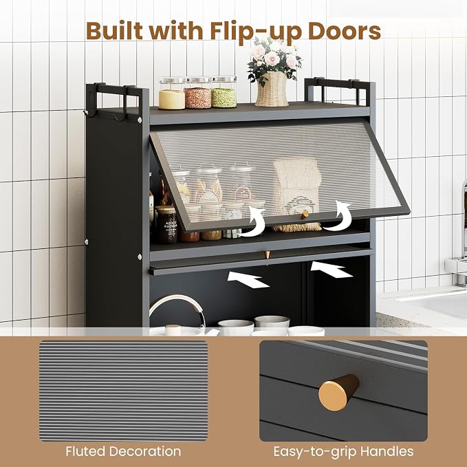 Giantex 5-Tier Kitchen Storage Cabinet, Freestanding Metal Baker's Rack w/4 Flip-up PC Doors, 4 Hooks, Adjustable Feet & Rolling Wheels, Mobile Microwave Stand for Dining Room, Living Room (Black)