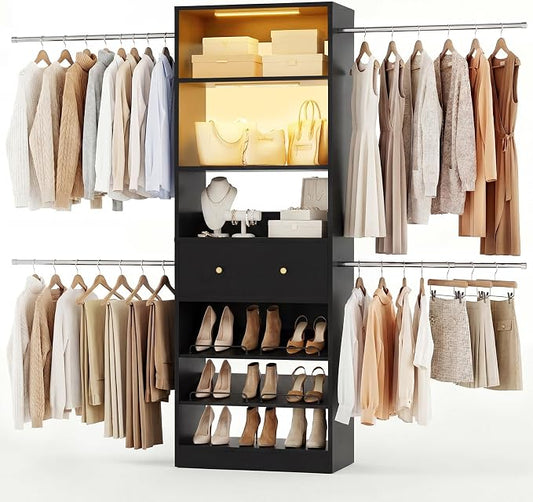 Wood Closet Organizer System with Sensing Light - 4FT-9FT Expandable Wardrobe Closet with Drawer & 4 Hanging Rods, Heavy Duty Walk-in Closet 1000Lbs for Bedroom Walk-in Closet, Black