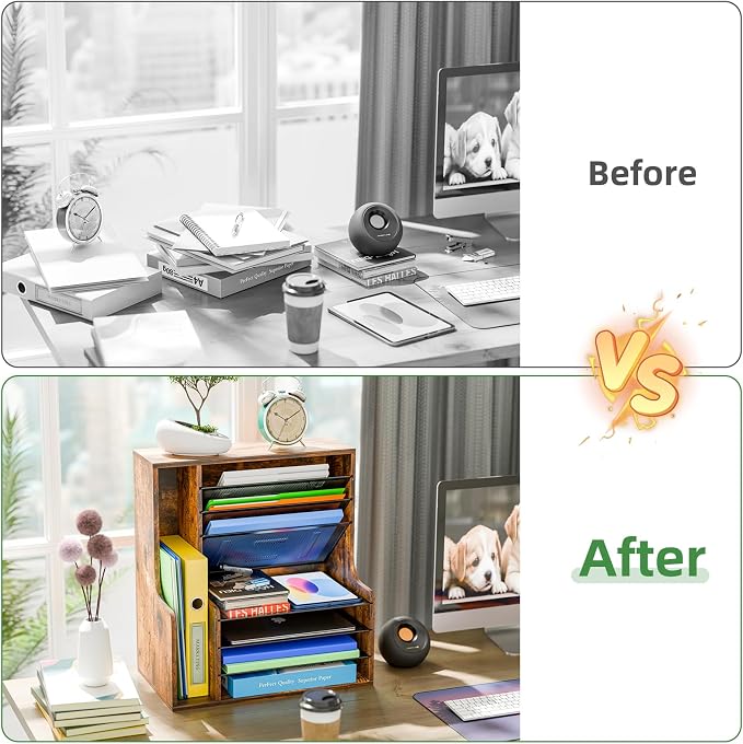 Simple Trending 7- Tier Desk File Organizer, Paper Organizer, Rustic Brown | Adjustable Letter Trays, Wooden Desk Accessories with Side File Holder, for Office Home Classroom, 16"L x 9"W x 17"H
