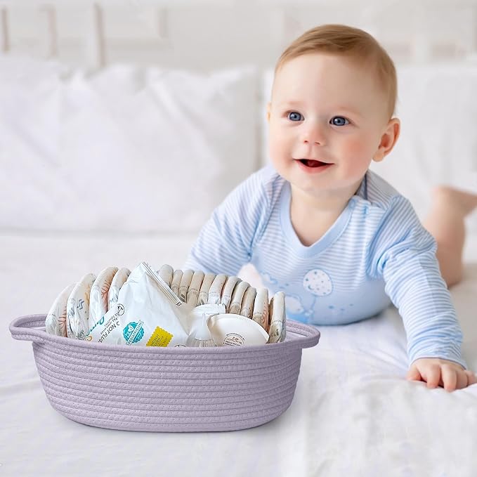 MEGASKET Purple Small Woven Basket, 13” x 9” x 5” Baskets for Gifts Empty, Cotton Rope Gift Basket, Cute Nursery Baby Organizer, Cat Dog Toy Box, Oval Wicker Storage Bin with Handle