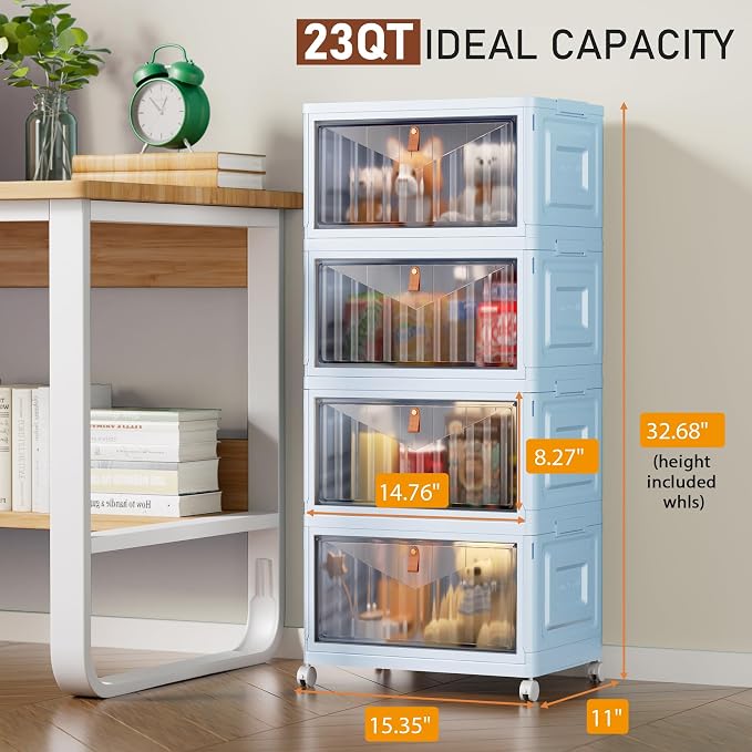 4 Tier Stackable Plastic Storage Bins with Lid and Wheels - 23 QT Closet Organizers and Storage, Foldable Storage Containers, Organization and Storage Boxes for Craft, Home, Pantry, Dorm, Blue