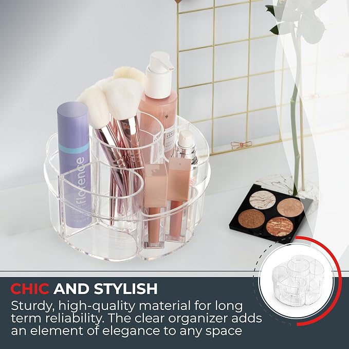 Masirs Small 360 Rotating Makeup Organizer, 5 Compartments, Round Clear | Small 360 Rotating Makeup Organizer, 5 Compartments, Acrylic Mini Lazy Susan, Vanity Bathroom Counter, Round Clear