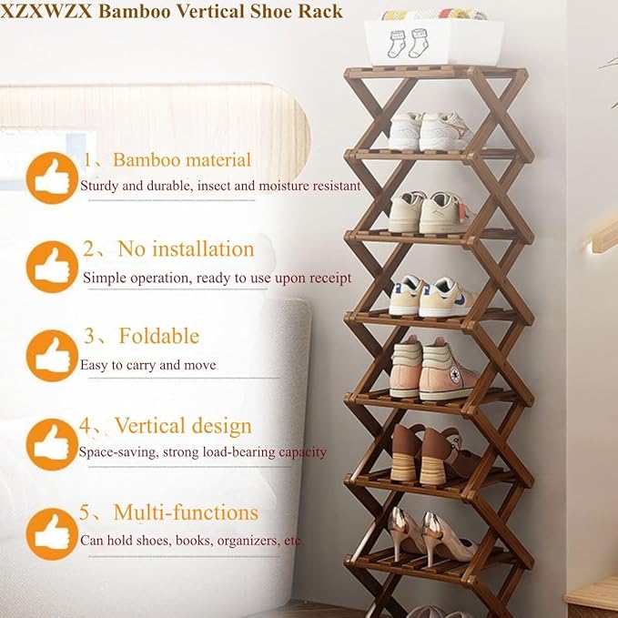 5 Tier Foldable Shoe Rack, Bamboo Vertical Shoe Organizer Tall for Multifunctional Narrow Shoe Shelf for Entryway, Closet, Corner, Bedroom, Hallway(Brown)