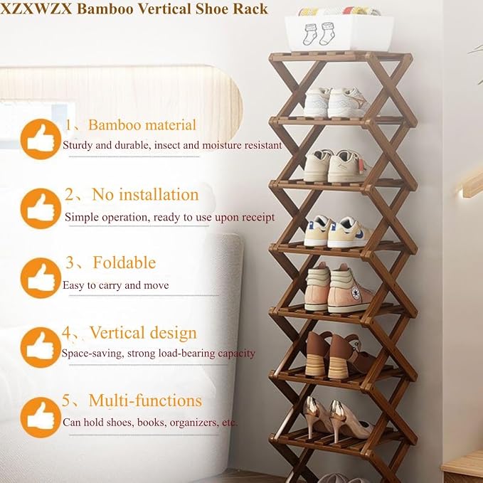 4 Tier Foldable Shoe Rack, Bamboo Vertical Shoe Organizer Tall for Multifunctional Narrow Shoe Shelf for Entryway, Closet, Corner, Bedroom, Hallway(Brown)