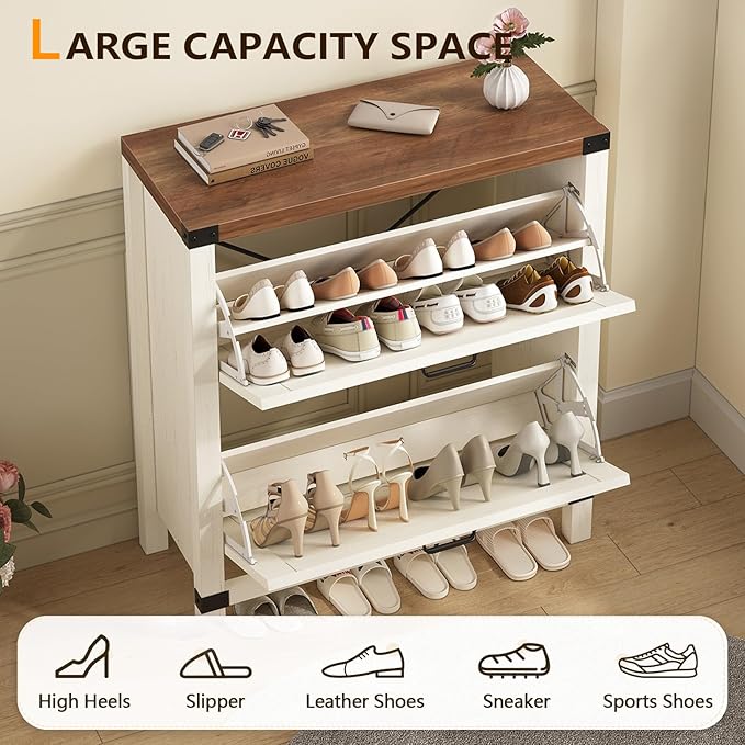 Fluted Shoe Cabinet Storage with 2 Flip Drawers for Entryway, Hallway | Narrow Shoe Rack Freestanding Shoe Organizer with Legs for Entryway，Hallway, Brown & White