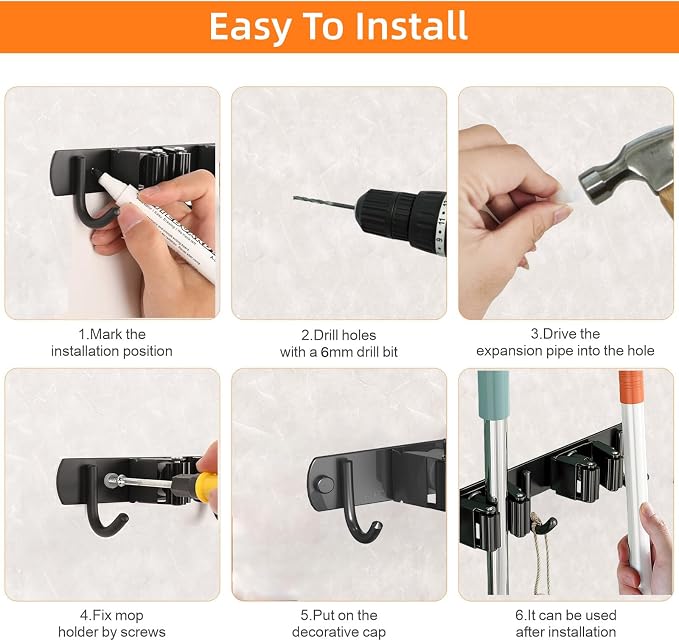 CUXIXA Mop and Broom Holder Wall Mount, Upgraded Broom Organizer Wall Mount, Stainless Steel Broom Hanger Wall Mount for Kitchen Garden Laundry Room Decor (3 Racks with 4 Hooks Black)