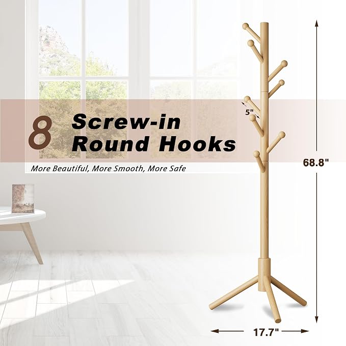8-Hook Freestanding Coat Rack 3 Heights Safe Round Tips Nature | Smooth Round Tips Prevent Slipping,Tool-Free Assembly,Holds Clothes Hats Handbags,Ideal for Entryway Bedroom Hallway Office