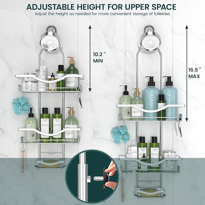 Shower Caddy Hanging Adjustable Shower Caddy, Rustproof Shower Organizer Extended Length Showers Caddy Over Shower Head with Hooks Soap Holder, Large Capacity Anti-Swing Bathroom Organizer, Silver | Rustproof Shower Organizer, Extra Long, No Drilling, ...