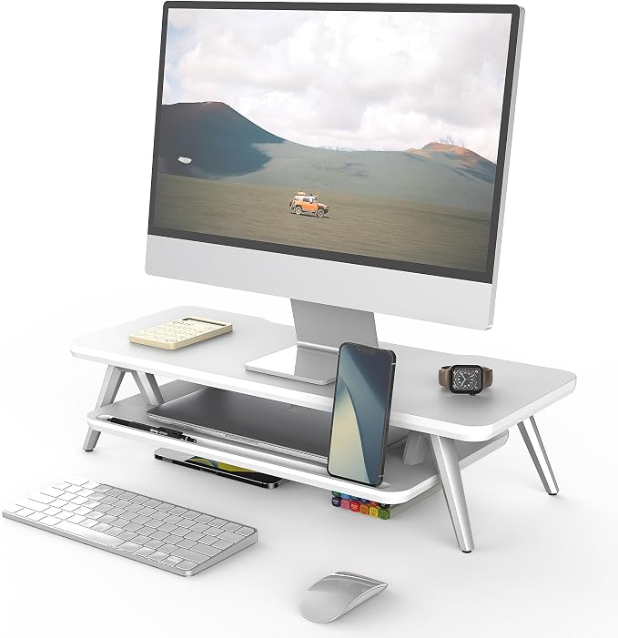 Fenge Monitor Stand Riser, Wooden Desk Shelf with 2-Tier Storage | 23.6-Inch Wide, Sturdy Aluminum Legs, Built-In Phone & Tablet Slot, Desktop Organizer for Office Accessories