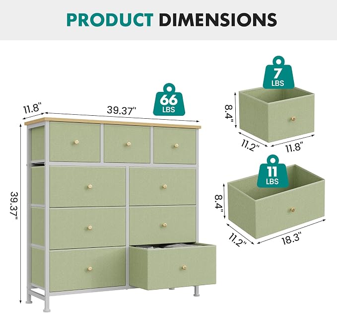 OLIXIS 9 Drawer Tall Dresser for Bedroom, Closet Organizers and Storage | Fabric Dresser with Wooden Top, Chest of Drawers for Clothes Storage, Tower Cabinet, Furniture, TV Stand, Light Green